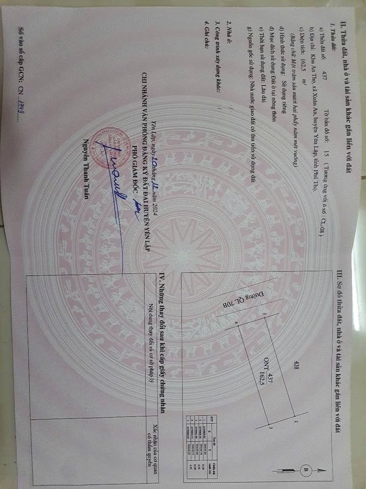 Bán ô đất mặt đường Quốc Lộ 70B diện tích 162,5m2 thổ cư