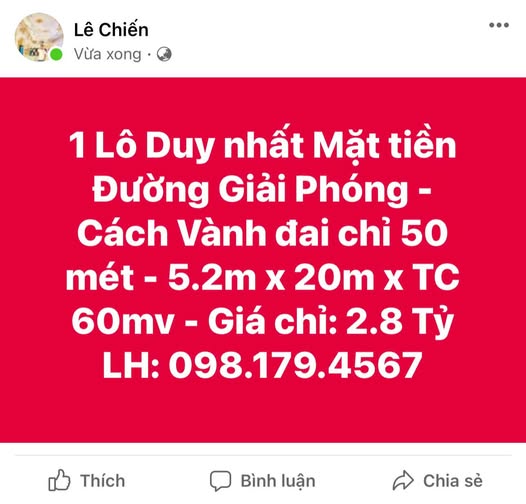 Chốt đơn ngay lô đất mặt tiền đường Giải Phóng, vành đai siêu gần, giá chỉ 2.8 tỷ