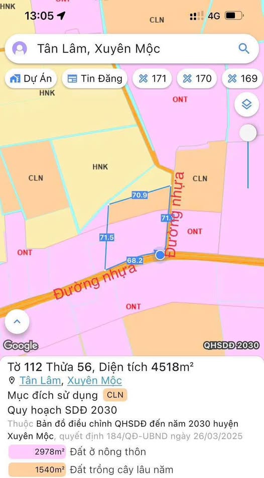 Đất nền diện tích 4518m2, mặt tiền 140m tại Tân Lâm, Xuyên Mộc, Bà Rịa - Vũng Tàu