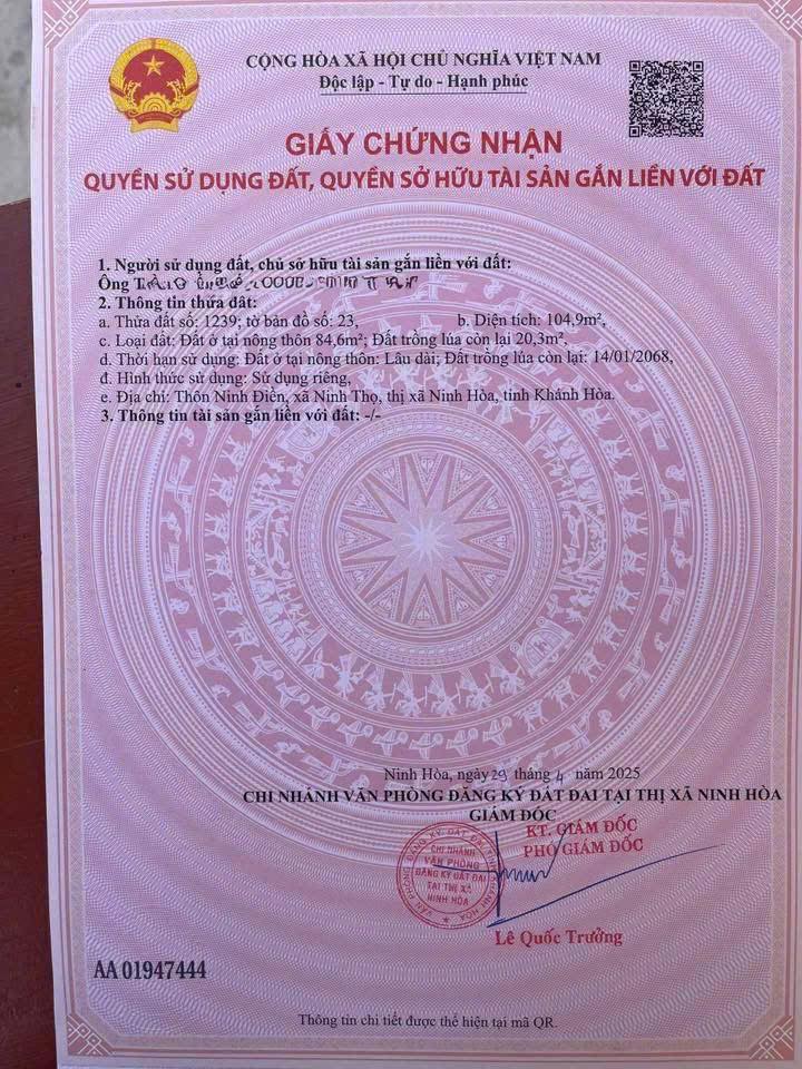 Đất thổ cư Ninh Hòa - Mặt tiền đường lớn, gần biển