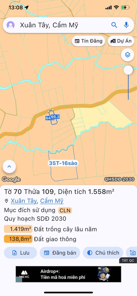 Đất Xuân Tây, Cẩm Mỹ gần 1.5 sào, đường thông, giá hời 2 tỷ