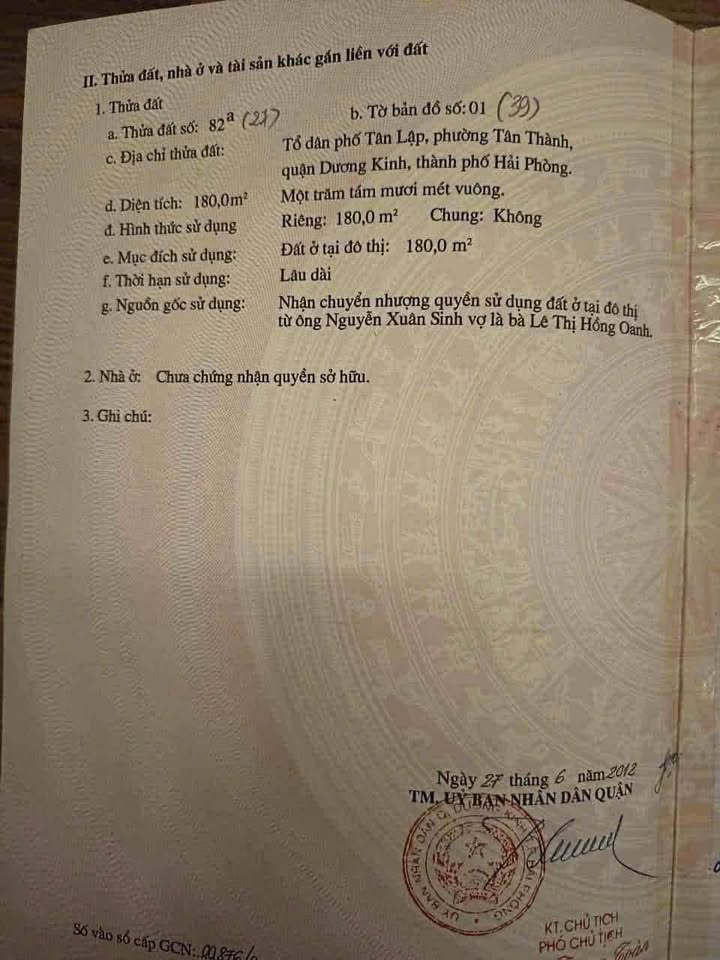 Bán đất 180m2 mặt tiền 5m, đường 6m thông thoáng tại Tân Thành, Dương Kinh, Hải Phòng