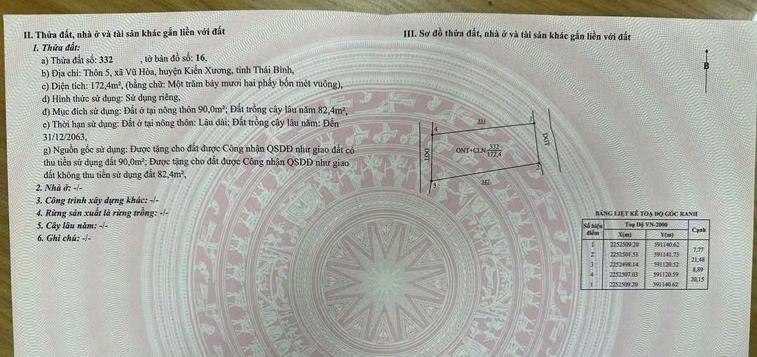 Đất Kiến Xương - 172m2 mặt tiền rộng, nở hậu, bám trục thôn ngõ