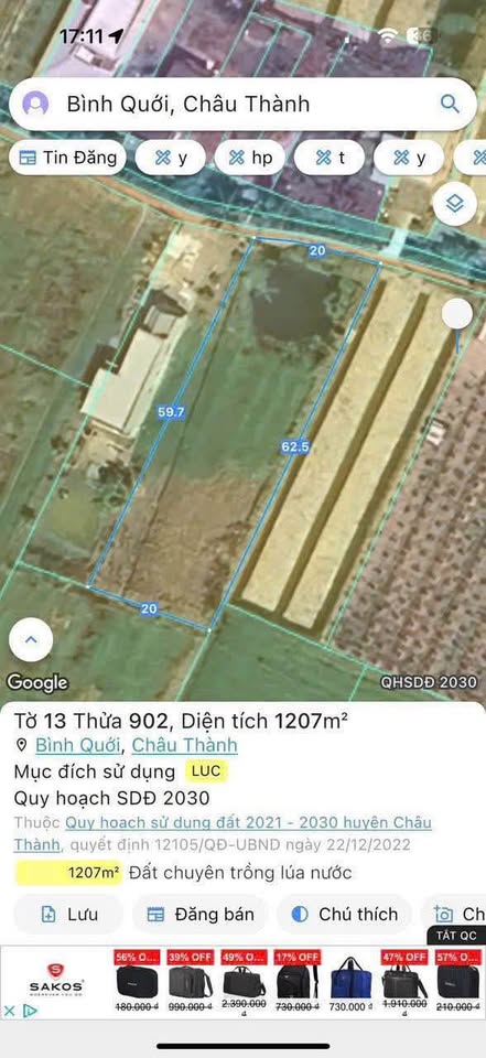 Bán 1200m2 đất lúa đường ô tô tại Châu Thành, Long An - Giá tốt