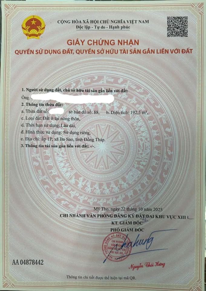 Đất vàng 192.5m² thổ cư sổ riêng, mặt tiền đường nhựa gần cầu Cả Oanh