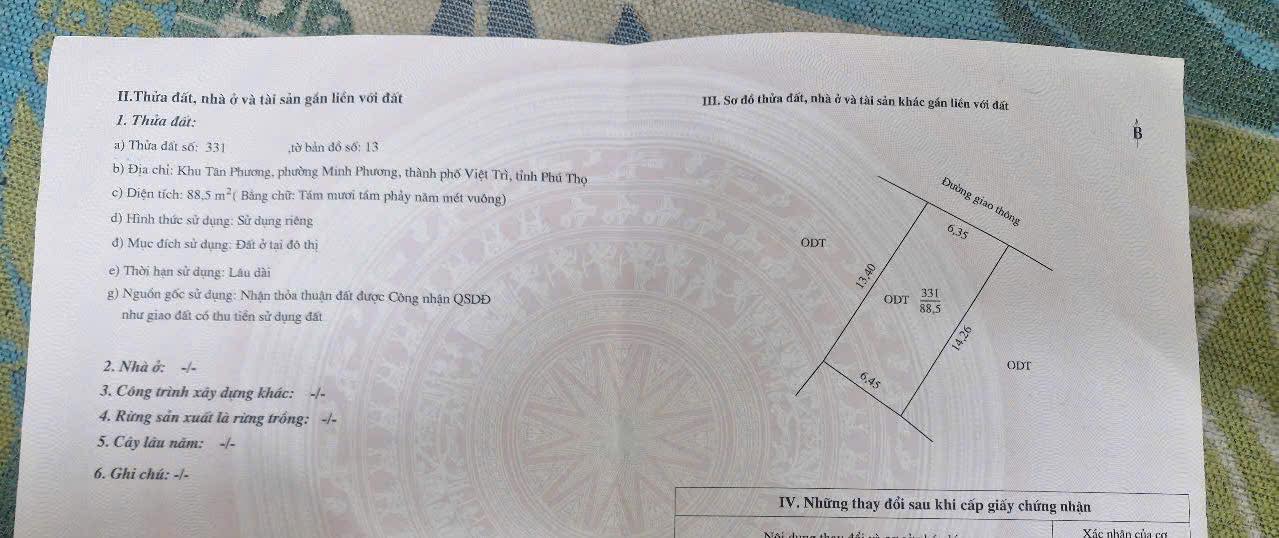 Bán đất thổ cư 88,5m2 mặt tiền rộng, nở hậu tại Việt Trì - Phú Thọ