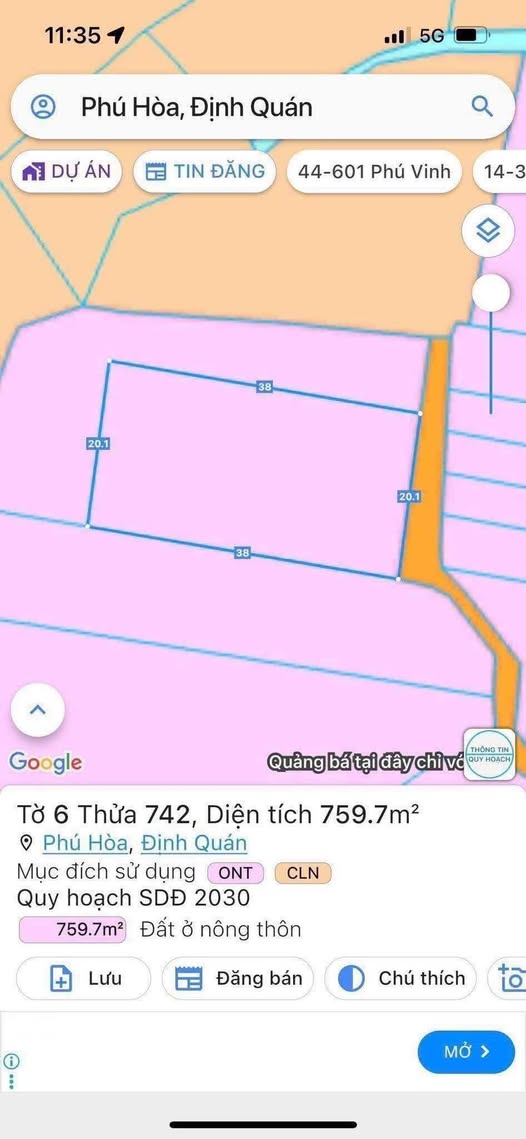 Bán đất 759m2 vuông vức, mặt tiền đường 20m tại Phú Hoà, Định Quán, Đồng Nai