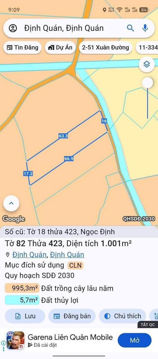 Bán 1000m2 đất mặt tiền 16m nở hậu 17m tại Ngọc Định, Định Quán, Đồng Nai