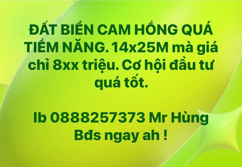 Đất biển Cam Hồng - 14x25m, giá chỉ 8xx triệu cơ hội đầu tư không tưởng