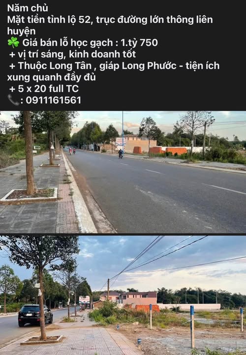 Bán lỗ 500 triệu mặt tiền Tỉnh lộ 52, Long Tân - 100m2, giá 1.65 tỷ
