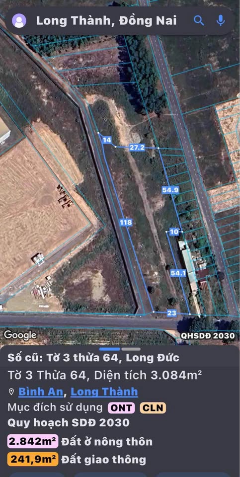 Bình An, Long Thành lô góc 3084m² liền kề 1405m² tiềm năng sinh lời vượt trội