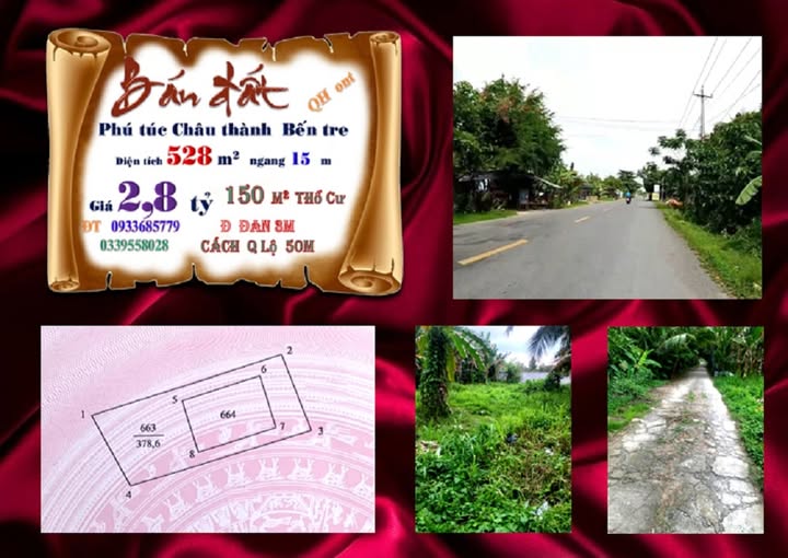 Bến Tre - Đất nền 528m² hướng Tây Nam, mặt tiền 15m, gần QL57B