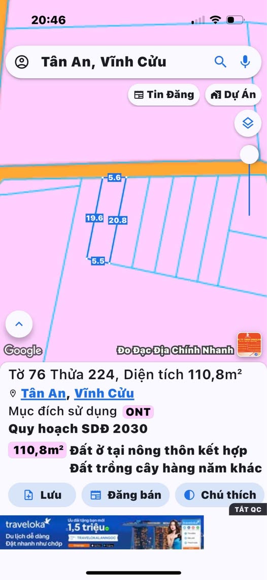 Đất Vĩnh Cửu 750 củ khoai cho lô 5.5x22m, sổ riêng, thổ cư 100%