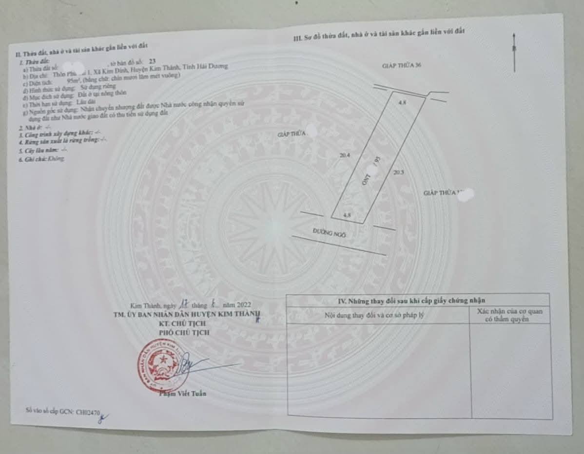 Bán gấp lô đất vuông vắn, diện tích 95m2, mặt tiền 4,m tại Kim Đính, Kim Thành, Hải Dương