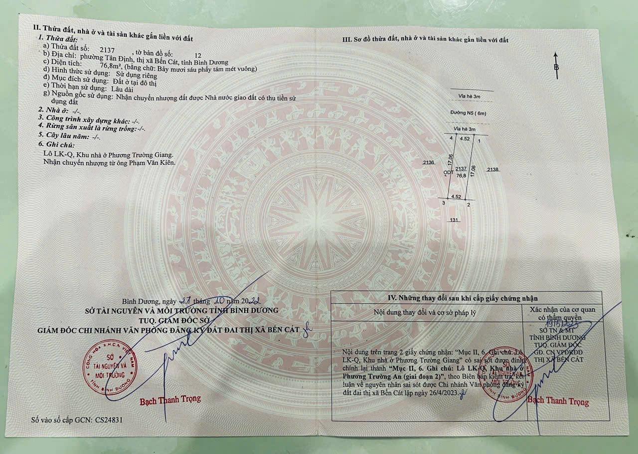 Bán đất thổ cư 76,5m2 mặt tiền 4,5m tại Bến Cát, Bình Dương