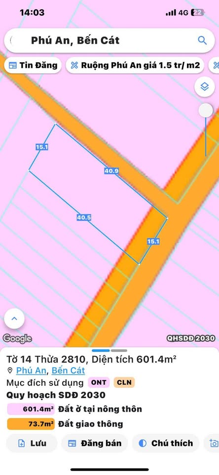 Bán đất 2 mặt tiền đường Bà 39, Phường Phú An, thành phố Bến Cát, Bình Dương