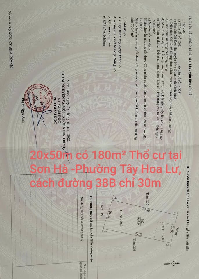 Diện tích rộng rãi 1000m2 tại Sơn Hà, phường Tây Hoa Lư, thành phố Tam Điệp