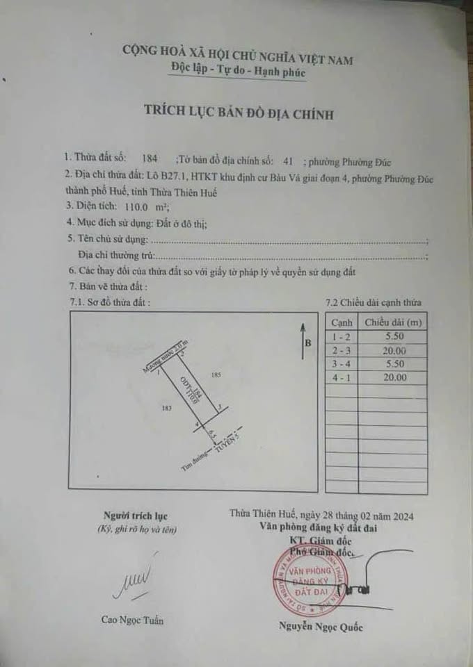 Bán đất Bàu Vá, Thừa Thiên Huế 110m2, hướng Đông Nam, giá tốt