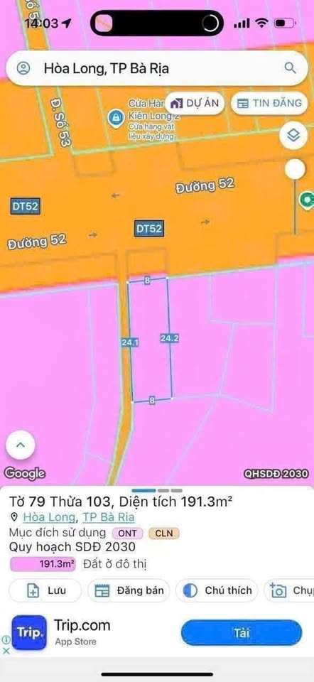 Đất lô góc Tỉnh Lộ 52 hai mặt tiền kinh doanh, sổ riêng, giá hời