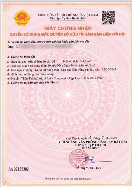 Bán gấp lô đất thổ cư 144m2, mặt tiền 6m tại Liễn Sơn, Thái Hòa, Lập Thạch, Vĩnh Phúc