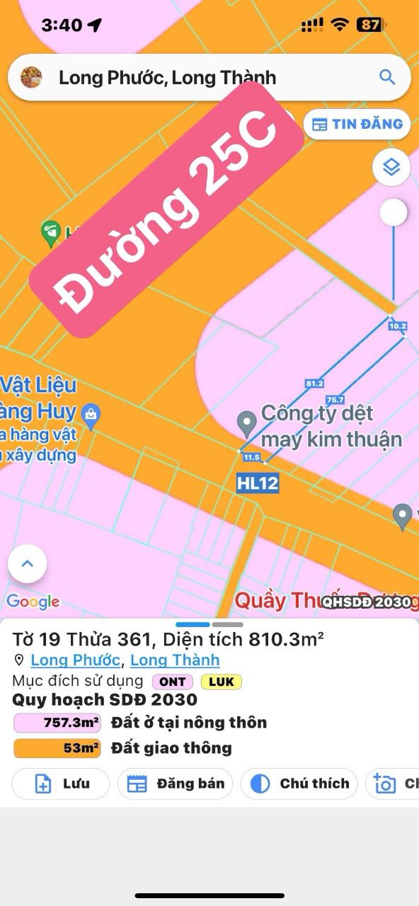 Đất Long Thành 810m2 mặt tiền đường Bà Ký, gần sân bay, giá hời 11,9 tỷ