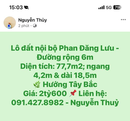 Đất nội bộ Phan Đăng Lưu, Phú Yên ngang 4,2m, 77,7m2, hướng Tây Bắc