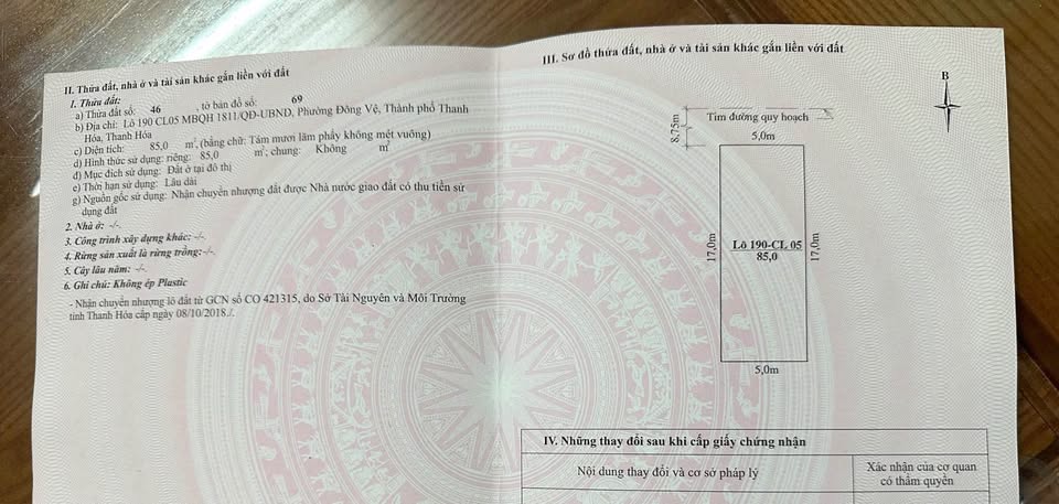 Mảnh đất vàng 85m2 mặt tiền 5m, hướng Tây Bắc, đường 8,75m, sổ đỏ chính chủ tại thành phố Thanh Hóa