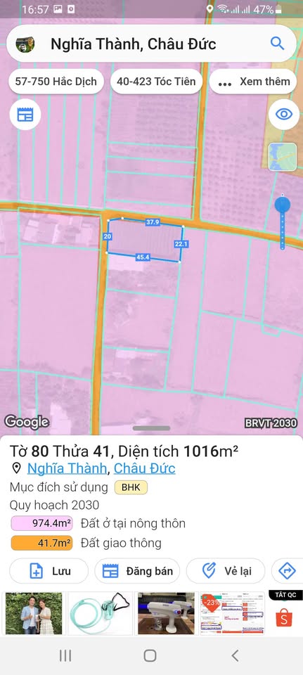 Cần bán lô đất góc cực đẹp tại Xã Nghĩa Thành, tỉnh Bà Rịa - Vũng Tàu