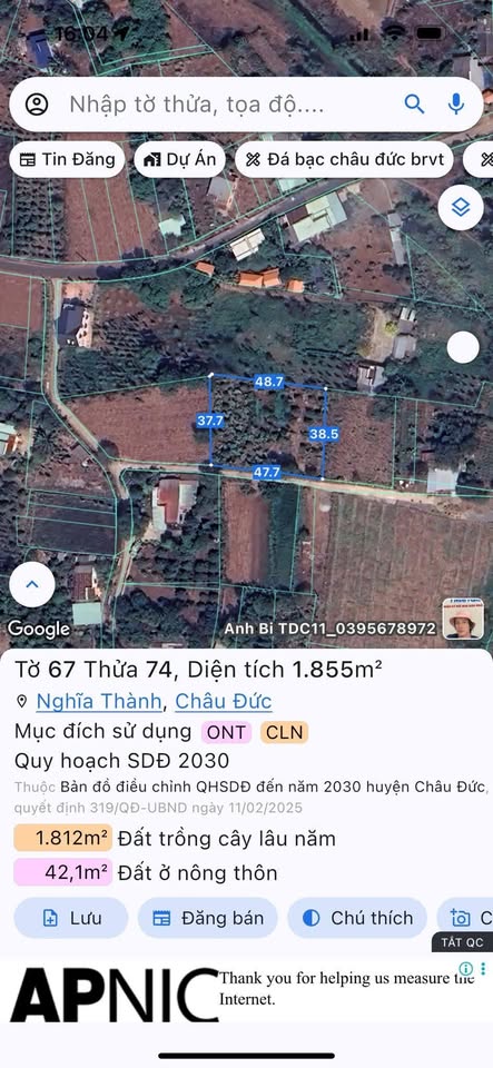 Bán gấp gần 2 sào đất vườn Nghĩa Thành, Châu Đức, Xoài, sầu riêng trĩu quả, sổ riêng