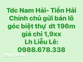 Bán lô góc biệt thự 196m2 tại Nam Hải, Tiền Hải, Thái Bình