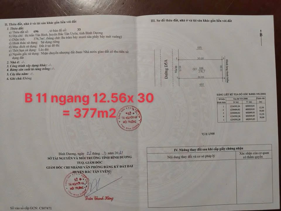 Đất vàng VSIP II, Bình Dương 377m2 thổ cư, mặt tiền rộng 12,56m, giá hời 4,49 tỷ