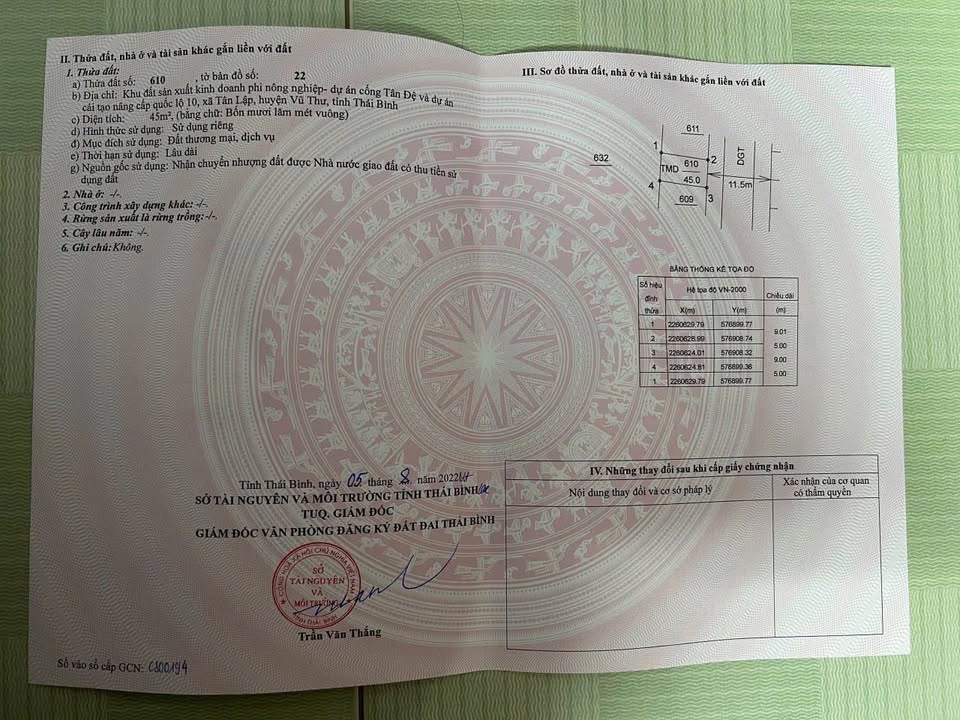 Đất Tân Lập, Thái Bình 45m2, mặt tiền 5m, hướng Đông Nam, giá 8xx triệu