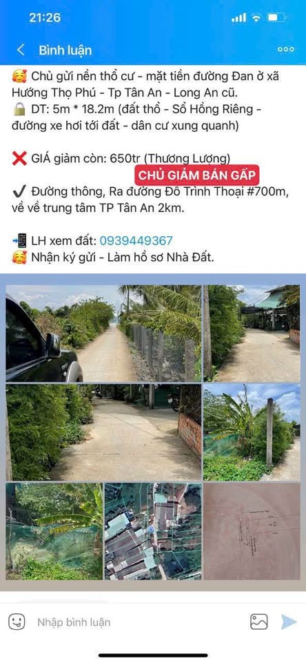 Chủ nhà giảm giá bán gấp nền thổ cư, mặt tiền đường xe hơi, Hướng Thọ Phú, Tân An, Long An