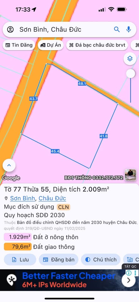 Đất vàng Sơn Bình Châu Đức 2000m2, 2 mặt tiền, sổ hồng riêng, giá hời