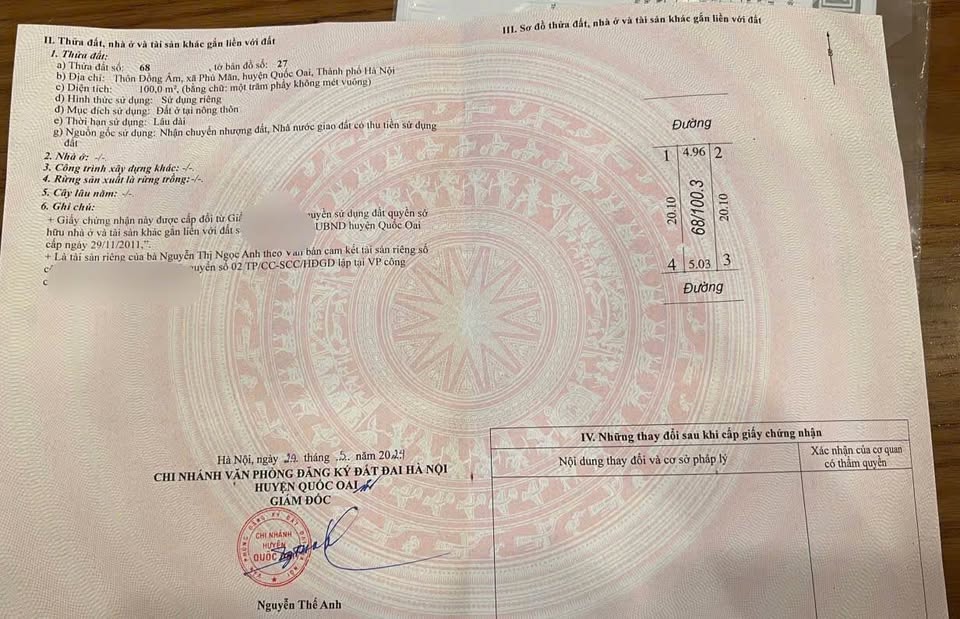 Bán đất 100m2 trung tâm hành chính Phú Cát, 2 mặt đường, sổ đỏ thổ cư