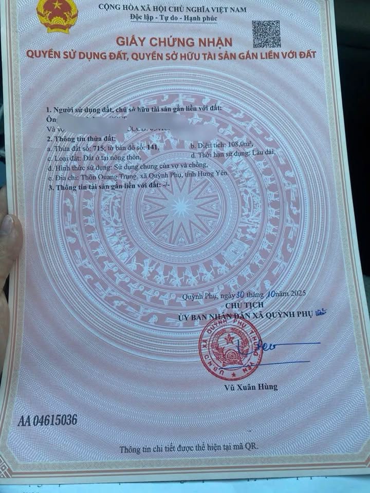 Đất Quỳnh Mỹ - Quỳnh Phụ 108m2, mặt tiền 6m, sổ đỏ sẵn sàng, giá nhỉnh 1.9 tỷ