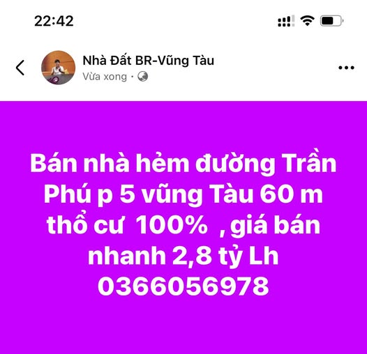 Nhà Trần Phú, Vũng Tàu 60m2 thổ cư, giá 2.8 tỷ, chốt nhanh