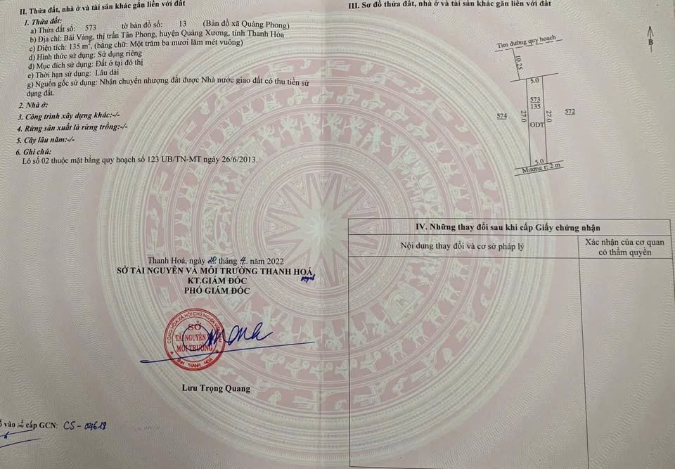 Đất Tân Phong - Quảng Xương 135m² full thổ cư, mặt tiền 5m, hướng Bắc ghé Tây, giá nhỉnh 1.6 tỷ