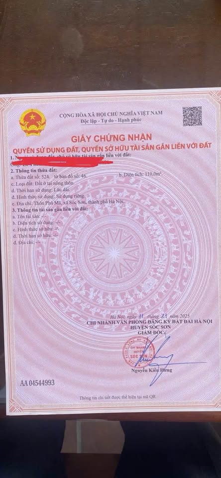 Đất thổ cư 110m2, mặt tiền 5,1m tại trung tâm Sóc Sơn, Hà Nội