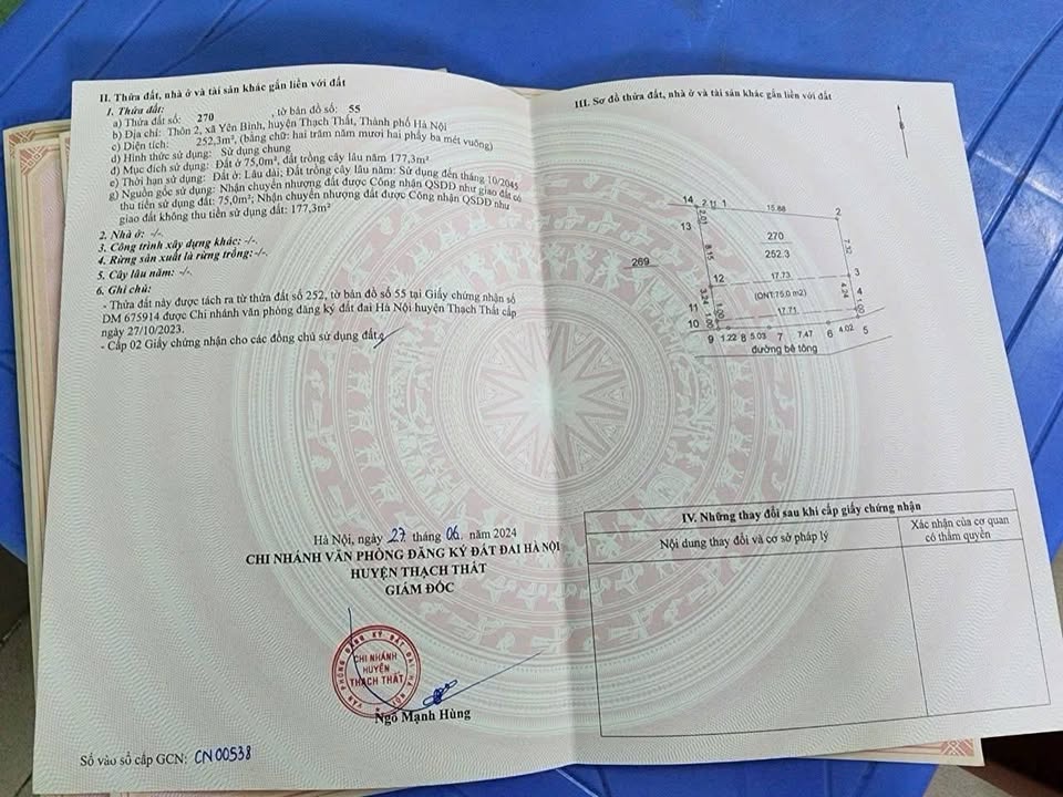 Bán đất 252m² Yên Bình, Thạch Thất - Lối đi rộng rãi, giá tốt