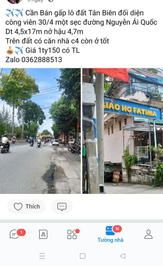 Đất Biên Hòa 1 tỷ 050 triệu, nở hậu tài lộc, sát công viên