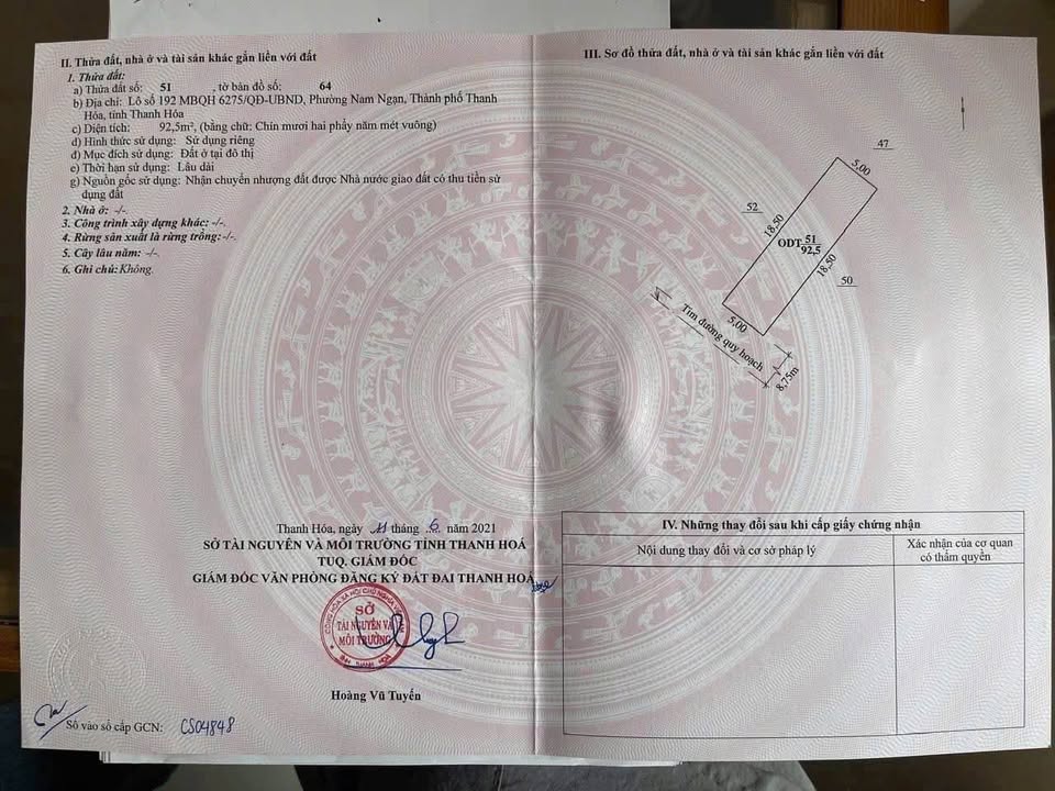 Bán đất phường Nam Ngạn, thành phố Thanh 92,5m2, mặt tiền 5m, hướng Tây Nam