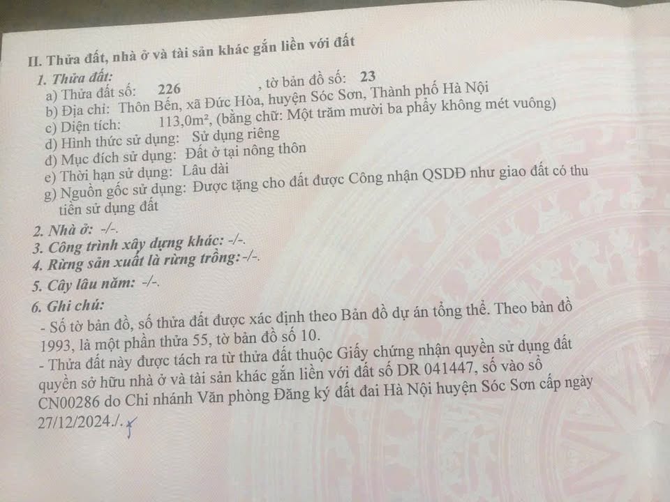 Bán đất thổ cư 113m2, mặt tiền 7m tại Thôn Bến Đức Hoà, Hà Nội