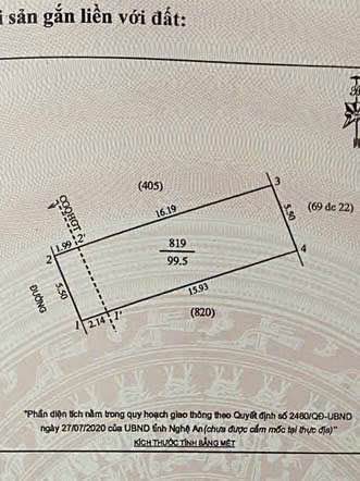 Bán đất Nghi Kim, thành phố Vinh 99,5m2, mặt tiền 5,5m, hướng Tây Nam