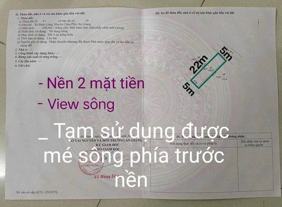 Bán nền 2 mặt tiền view sông tại Châu Phú, An Giang