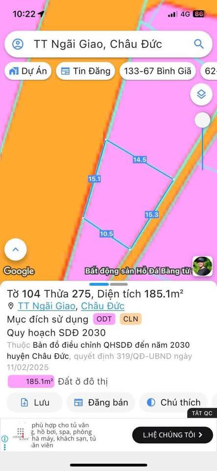 Đất vàng Ngãi Giao, mặt tiền Hồ Tùng Mậu 185m², kinh doanh bạt ngàn
