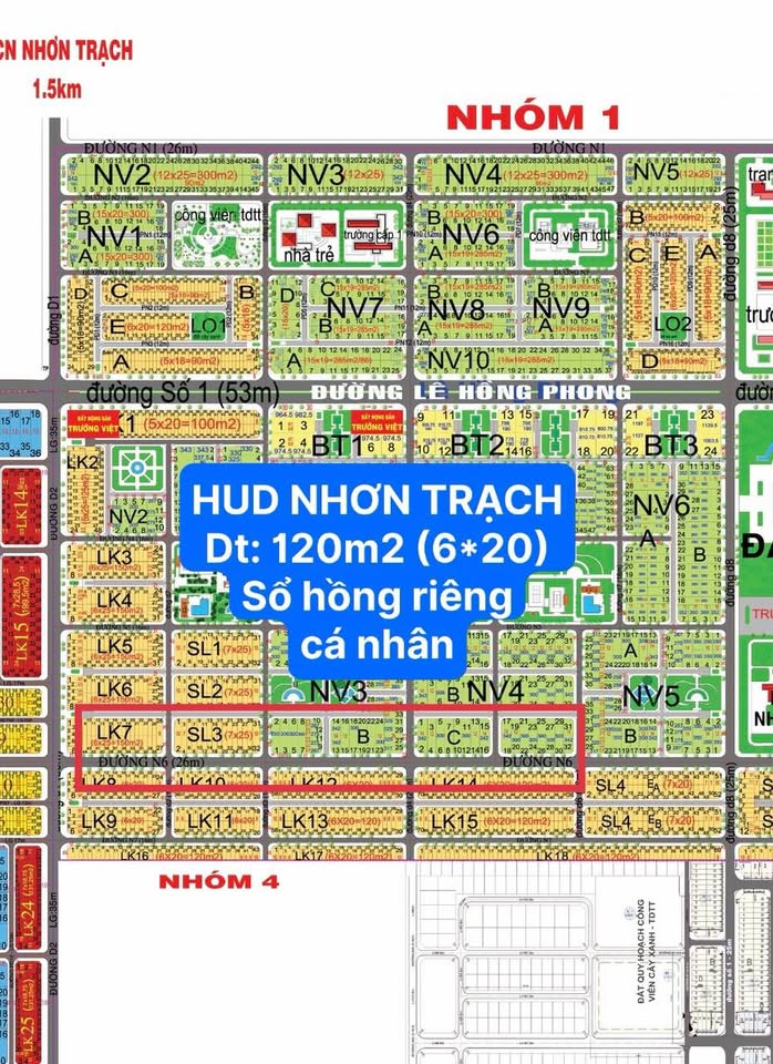 Bán đất nền dự án HUD Nhơn Trạch 120m2, đường N6, sổ hồng riêng