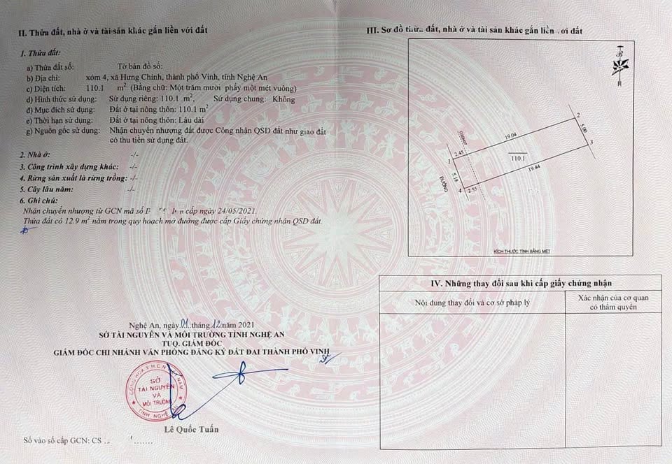 Bán đất 110m2 mặt tiền 5,18m hướng Tây Nam tại Hưng Chính, thành phố Vinh