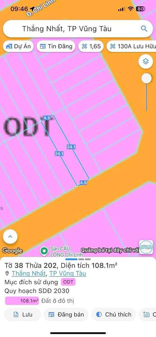 Mảnh đất vàng Chí Linh 2, Vũng Tàu 108m2 hướng Đông Nam, sổ đỏ 100% thổ cư, sẵn sàng xây dựng