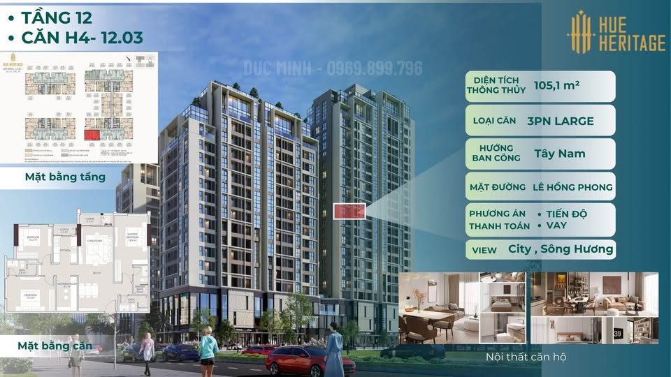 Căn hộ 3 ngủ H4 Huế Heritage: 105m² view Sông Hương, trung tâm di sản